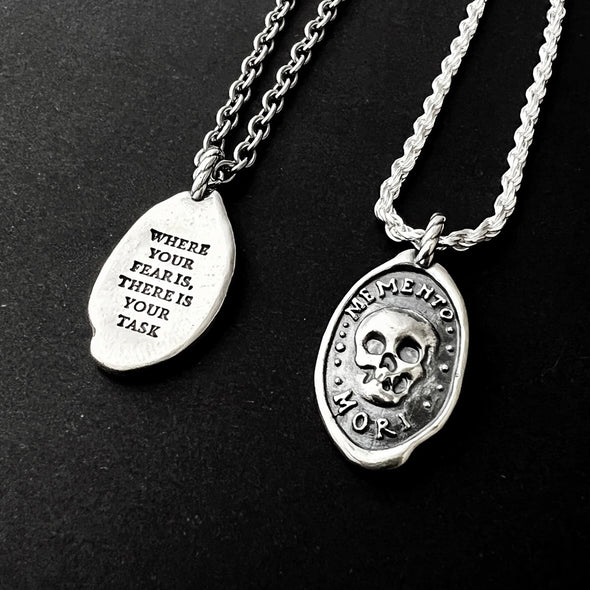 'Memento Mori' wax cast quote necklaces