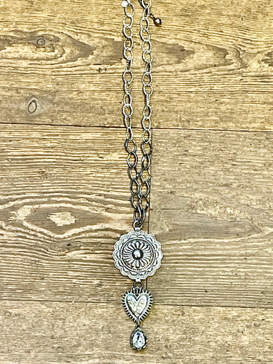 Concho necklace with heart and crystal pendant