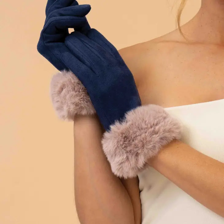 Powder faux suede and fur gloves Fini