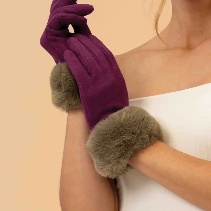 Powder faux suede and fur gloves damson olive