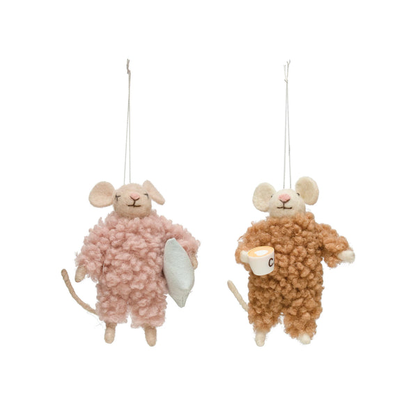 Felted pajama party mice ornaments