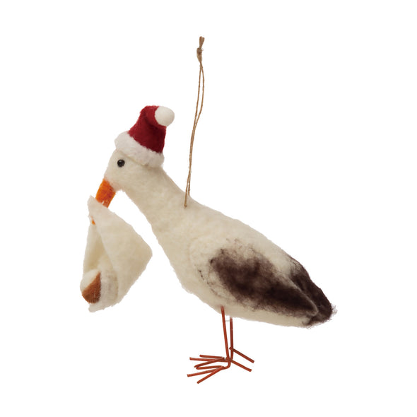 Felted stork ornament
