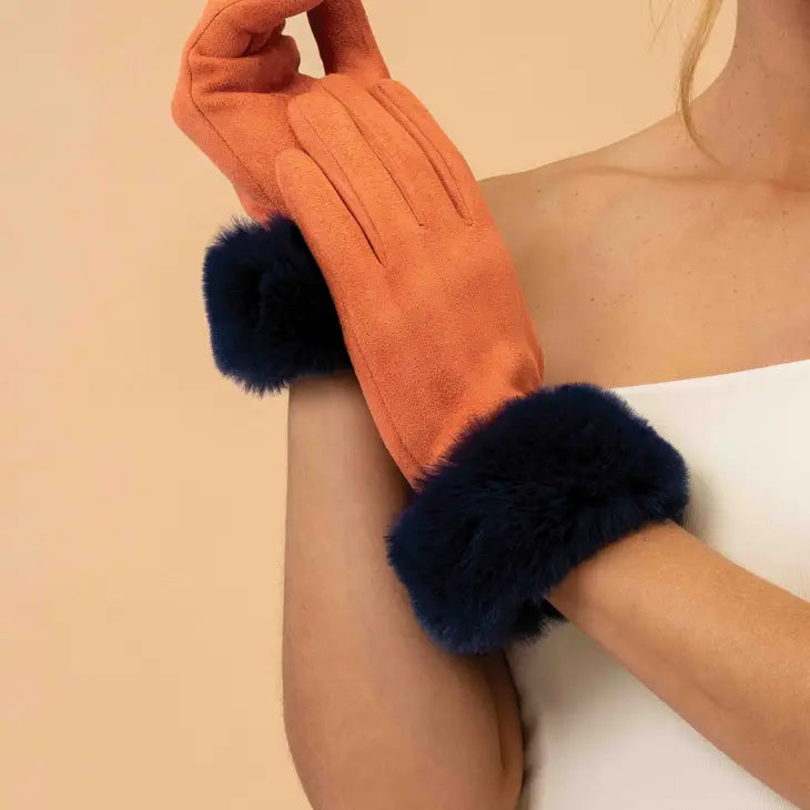 Powder faux suede and fur gloves Tangerine navy
