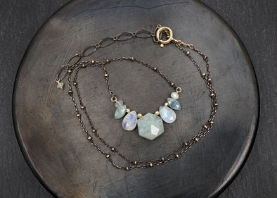 Aquamarine and rainbow moonstone  collar necklace