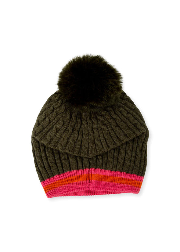 Cabin cable knit cap with faux fur pom