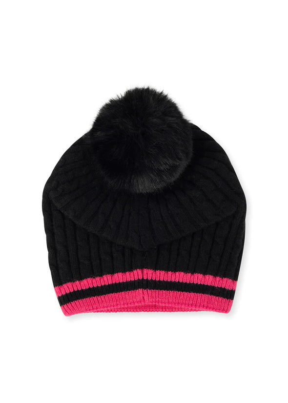Cabin cable knit cap with faux fur pom