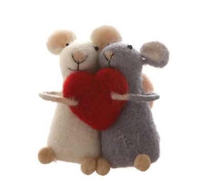 Heart hugging felted mice duo ornament